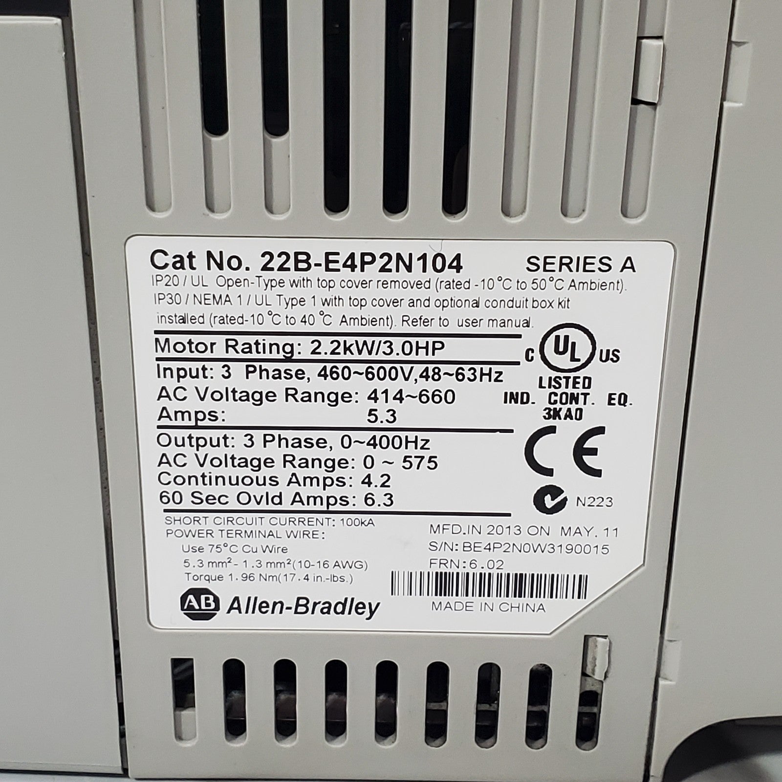 Allen Bradley 22BE4P2N104 Ser A AC Drive, Series A 3.0HP *For Parts*5