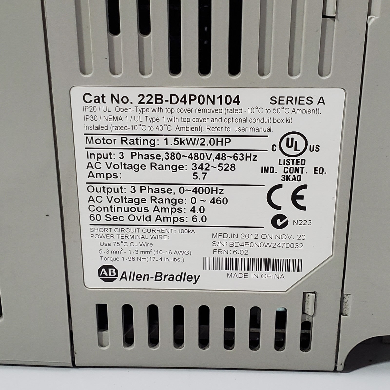 (Lot of 18) Allen Bradley 22BD4P0N104 /A Motor Rat. 1.5kw / 2.0Hp PowerFlex 407