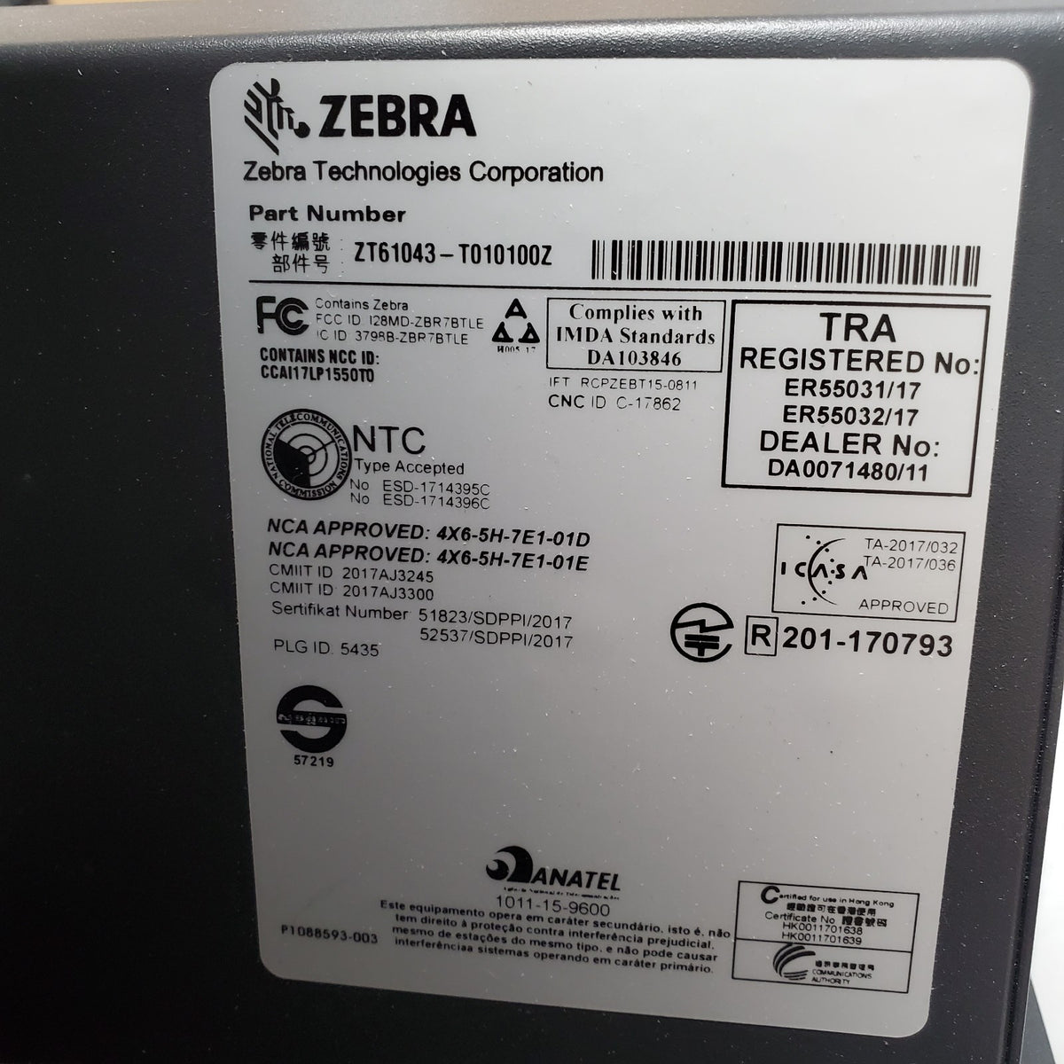 Zebra ZT610 Industrial Thermal Transfer Label Printer 300dpi ZT61043-T010100Z9