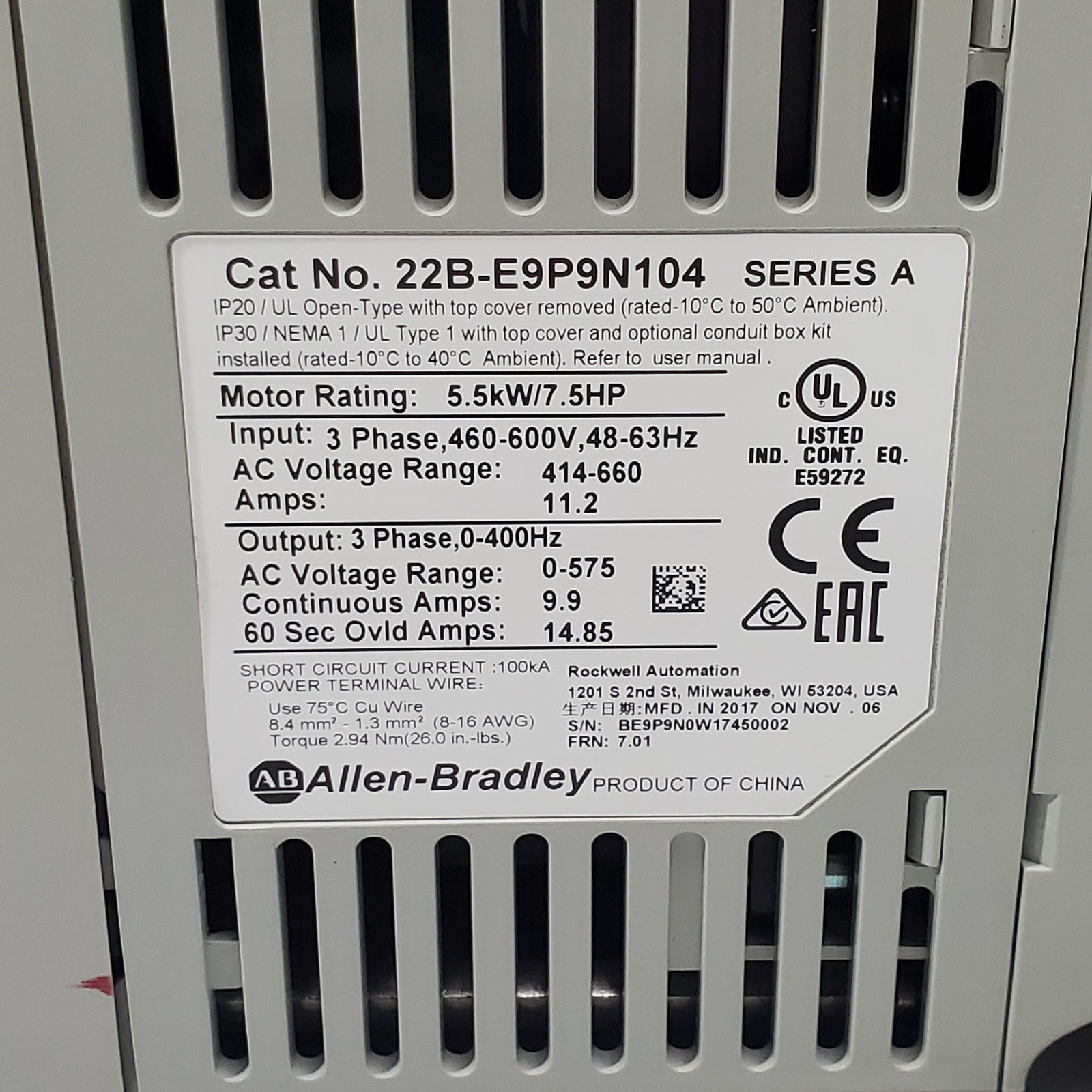 ALLEN BRADLEY 22BE9P9N104 SER A, Powerflex 40 5.5 kW 7.5 Hp AC Drive 460600V5