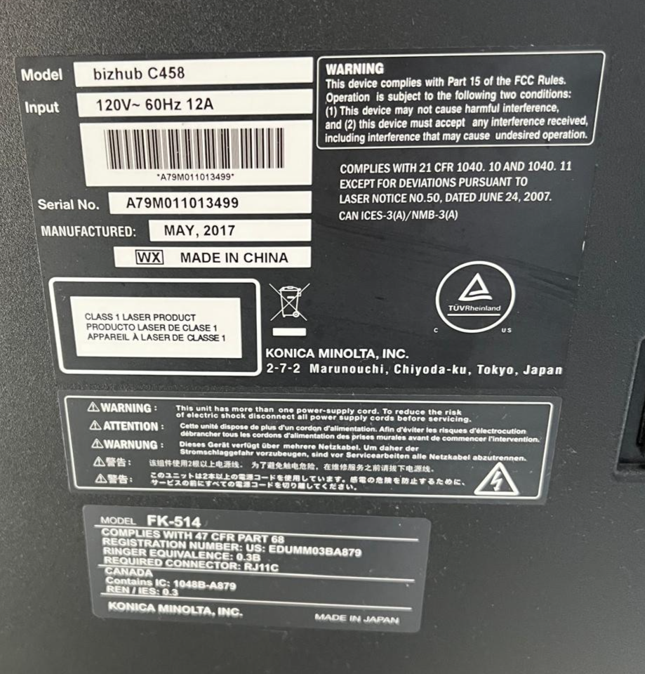 Konica Minolta bizhub C458 Color Copier/Printer/Scanner Meter 275K | 20175