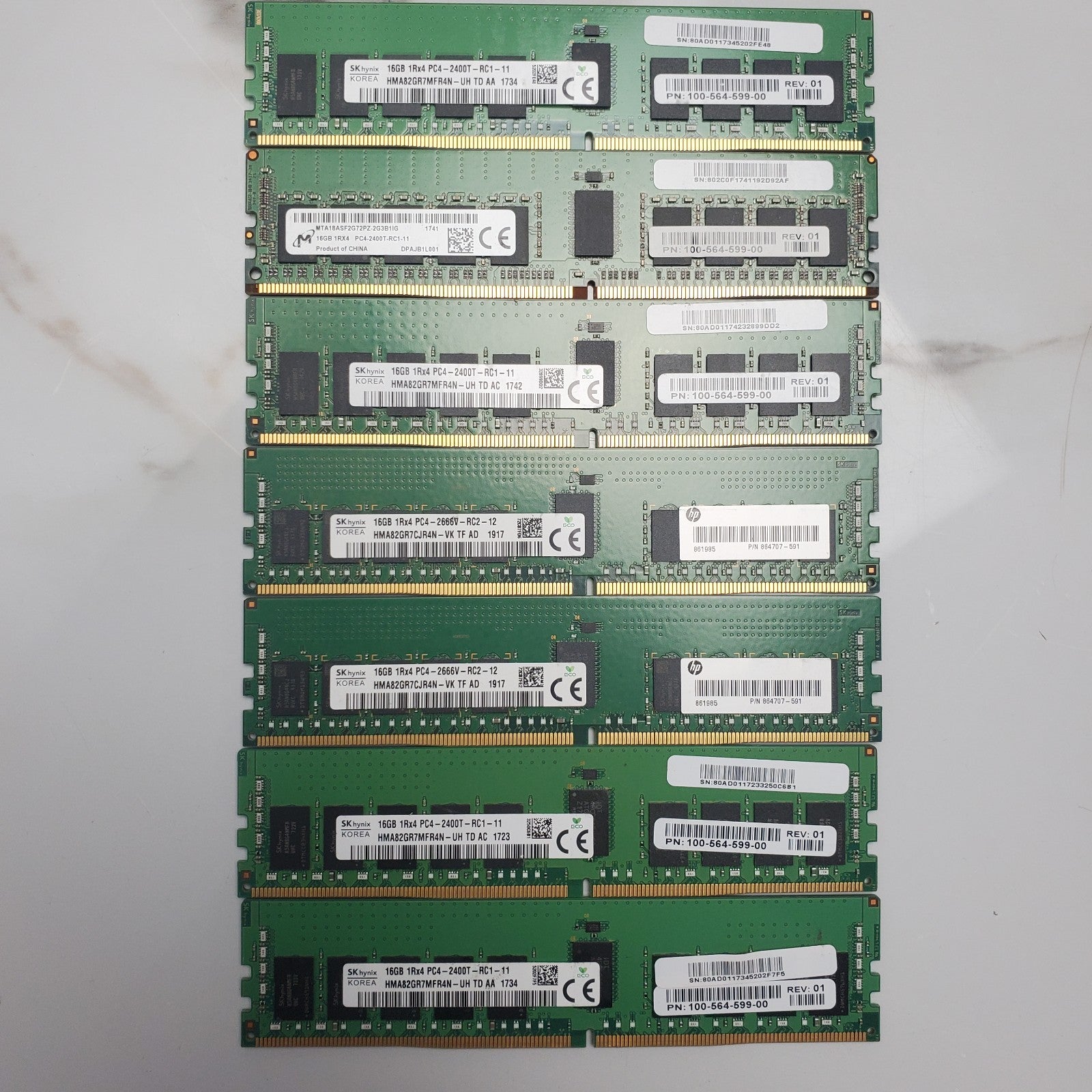 (Lot of 7) Mixed Brand/Model/Speed 16GB DDR4 Server Memory USED0