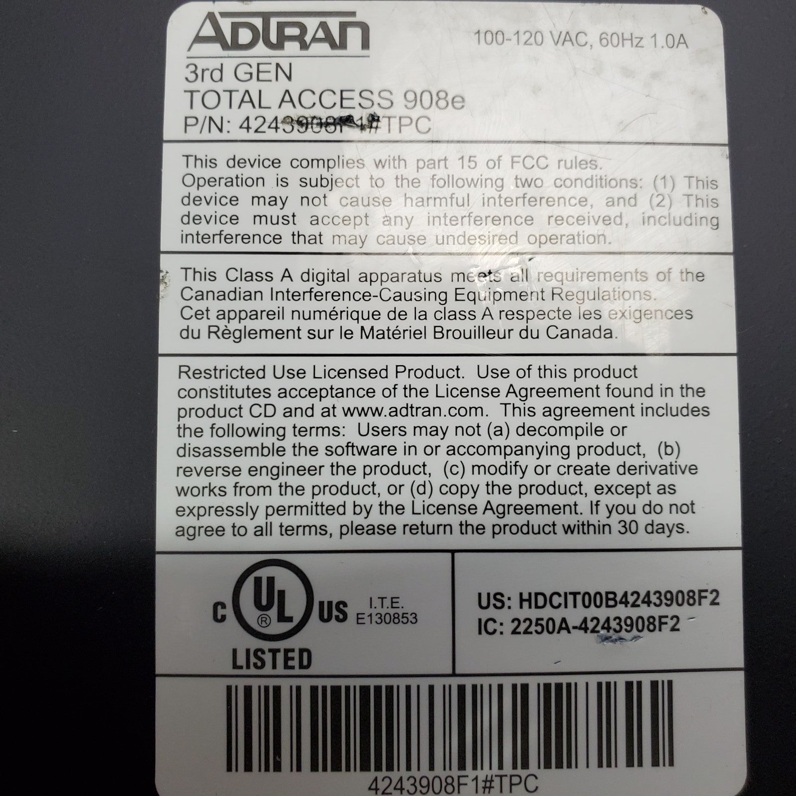 Adtran Total Access 908e 3rd Gen 4243908F1#TPC Business Gateway *NO POWER*8