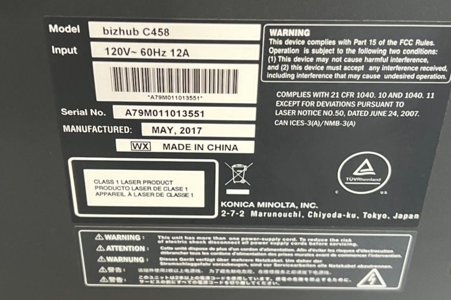 Konica Minolta bizhub C458 Color Copier/Printer/Scanner Meter 148K | 20174