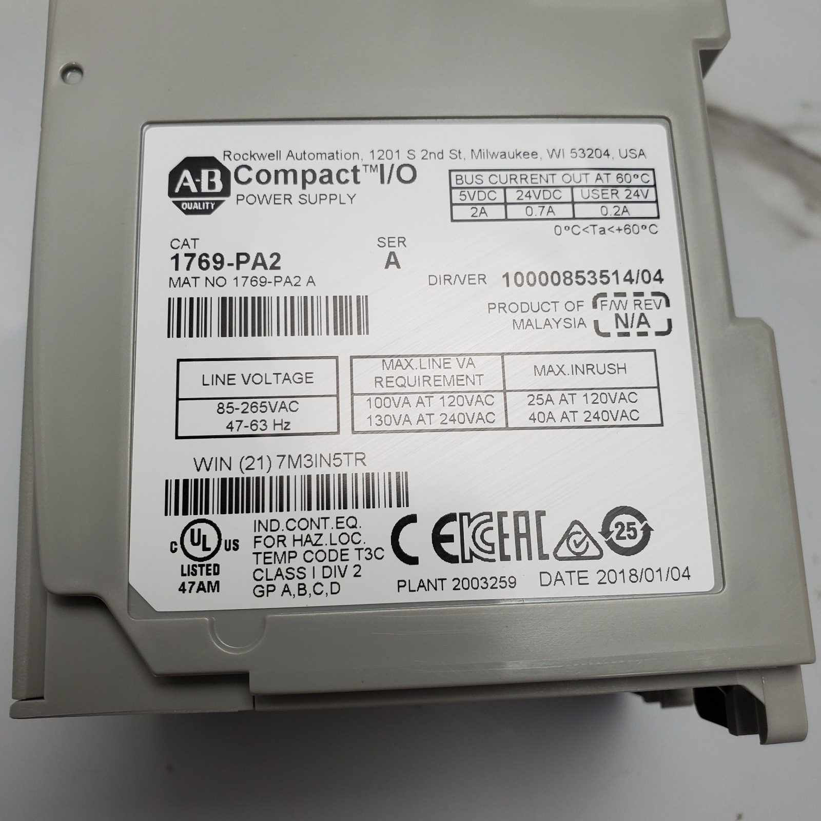 AllenBradley 1769L33ERMS Safety PLC Controller + 1769PA2 + 1769ECR5