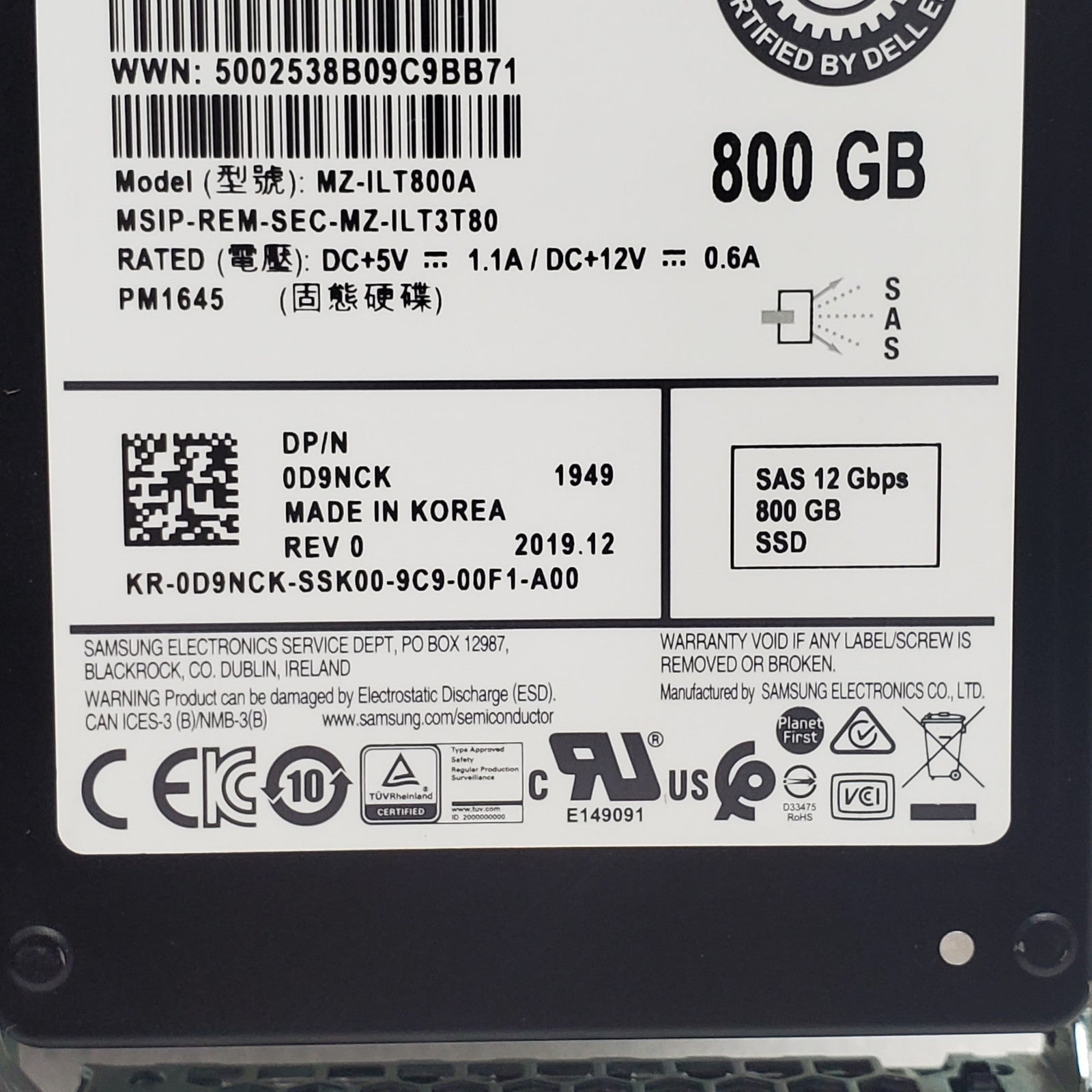 DELL 800GB SAS 12Gbps MIX USE 2.5'' SSD D9NCK 0D9NCK MZILT800A W/ 14th Gen Tray2