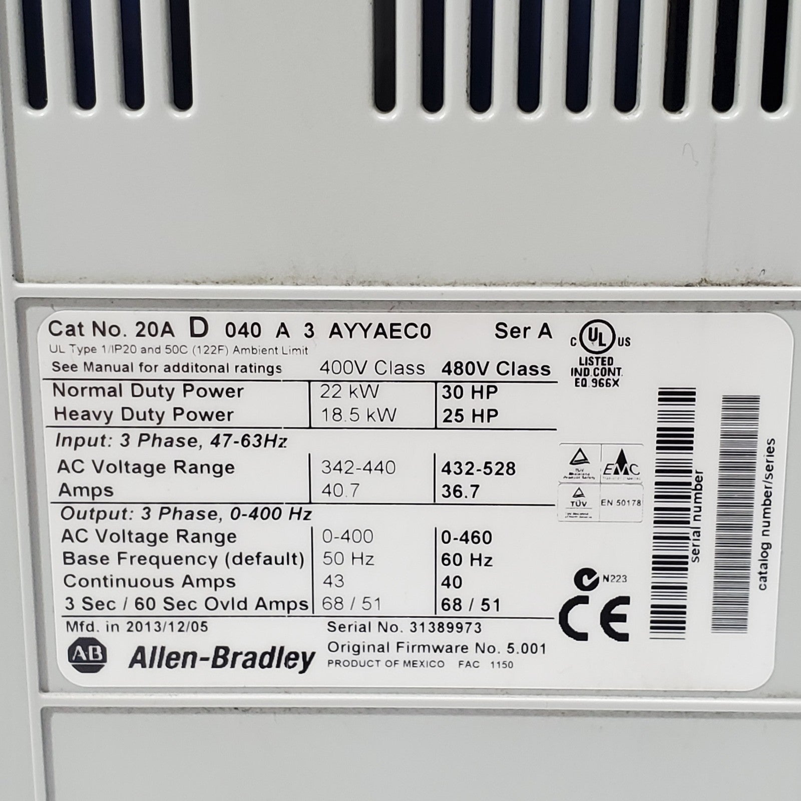 Allen‑Bradley PowerFlex 70 20AD040A3AYYAEC0 40 A 30 HP 480 V AC Drive Used6