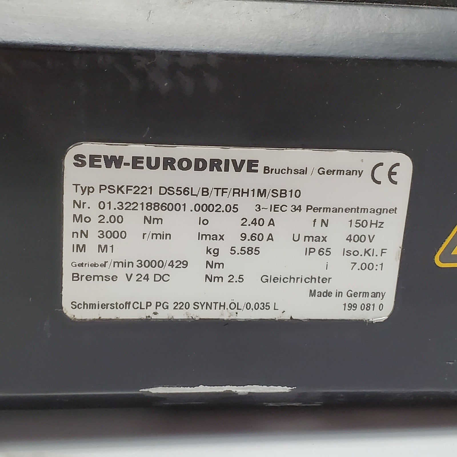 SEW EURODRIVE  SERVO MOTOR P/N: PSKF221 DS56L/B/TF/RH1M/SB104