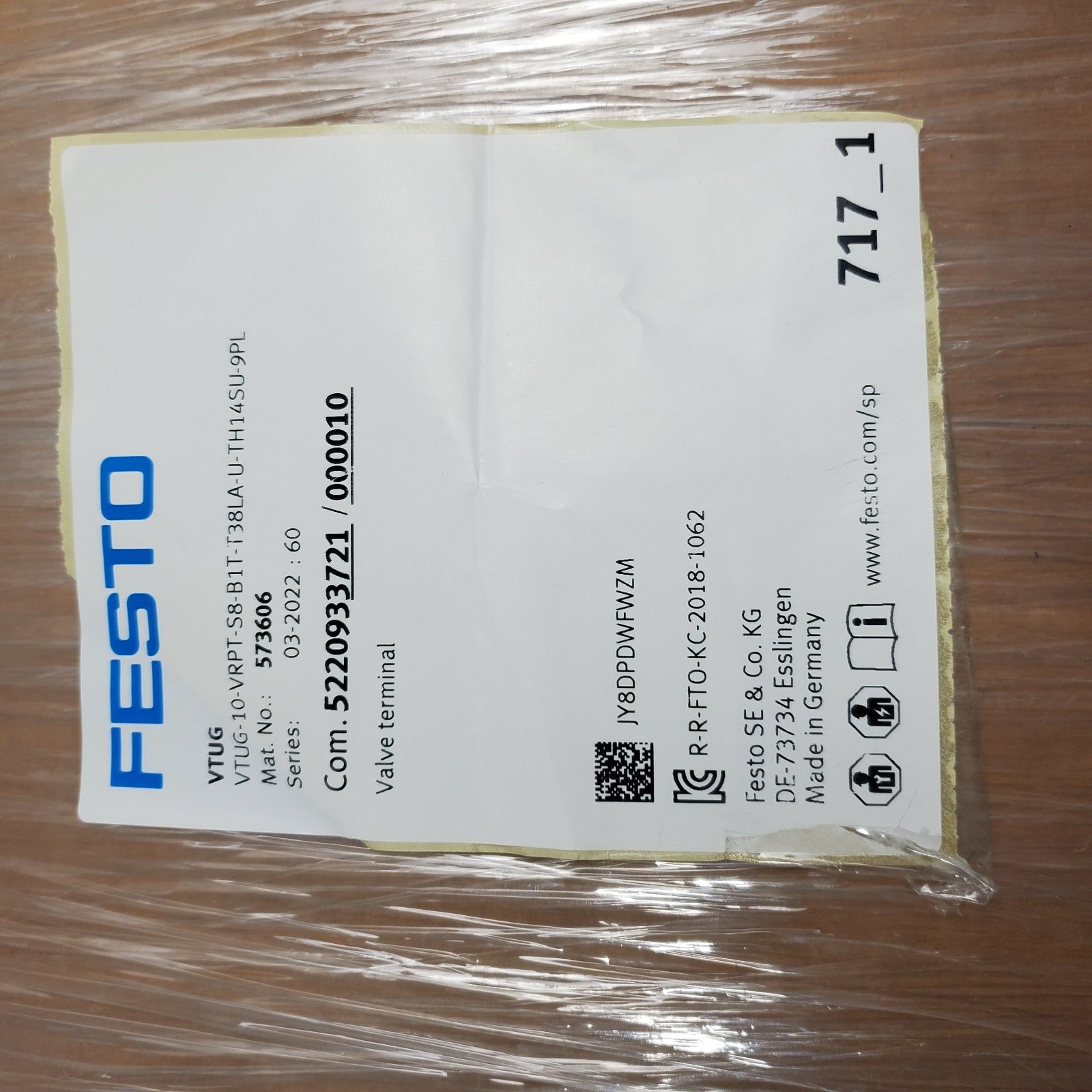FESTO VTUG-10-VRPT-S8-B1T-T38LA-U-TH14SU-9PL PLUG-IN VALVE TERMINAL 5736065