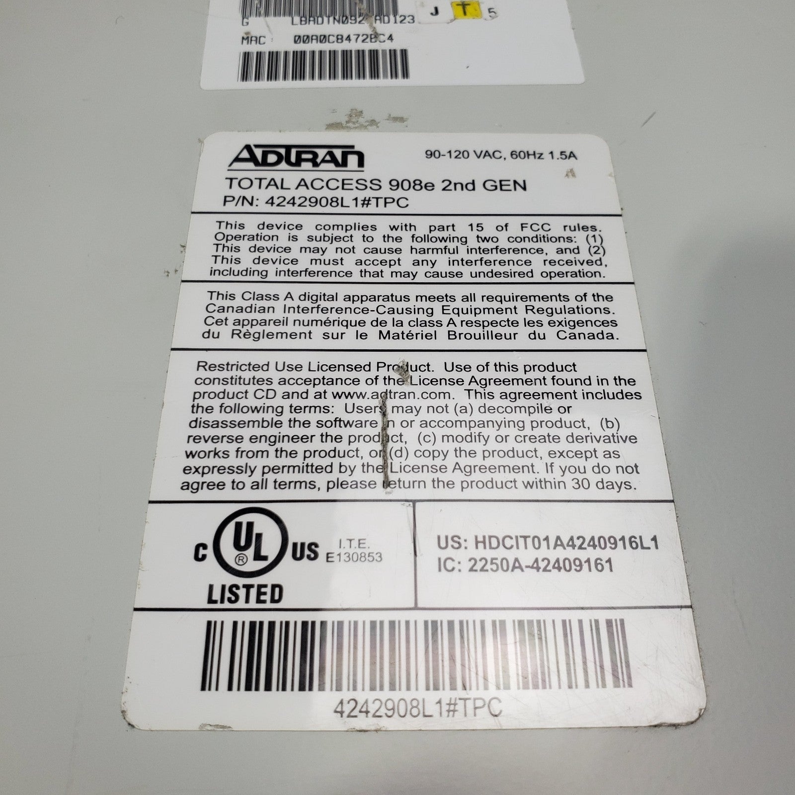 Adtran 4242908L1#TPC Total Access 908e 2nd Gen Gateway Router *No Power*7